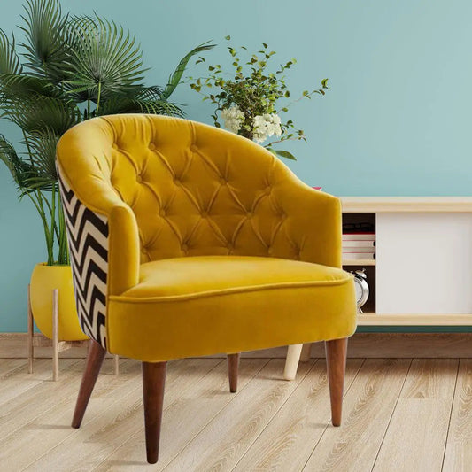Yellow Tufted Backrest Velvet Sofa Lounge Chair