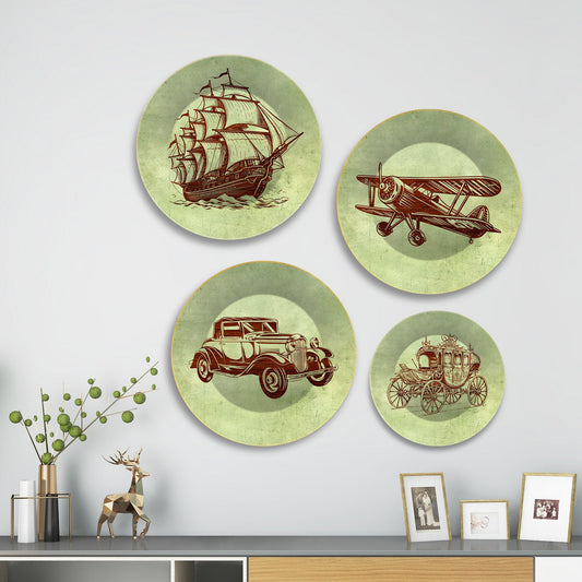 Vintage Means of Transport Wall Plates Painting Set of Four