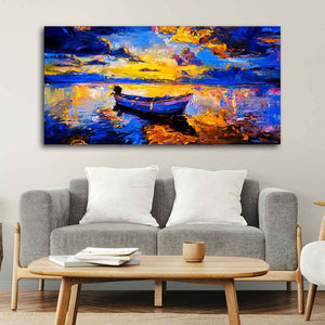 Wall Canvas Painting of Boat Sunset Over Ocean