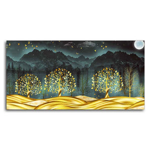 Wall Painting of Golden Trees in Dark Forest