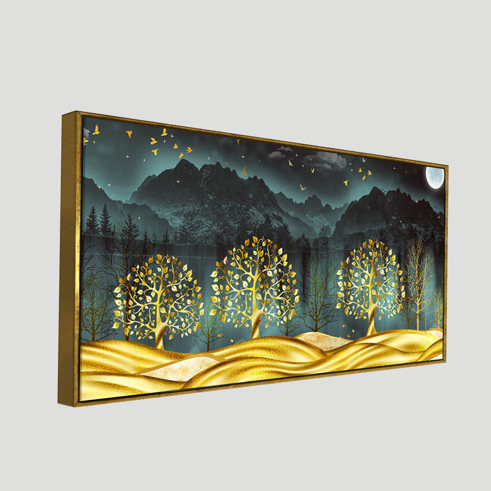 Wall Painting of Golden Trees in Dark Forest