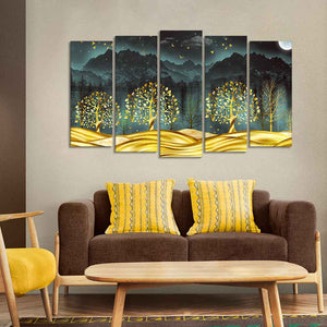 Wall Painting of Golden Trees in Dark Forest of Five Pieces Set