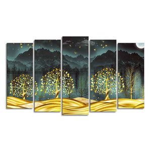 Wall Painting of Golden Trees in Dark Forest of Five Pieces Set