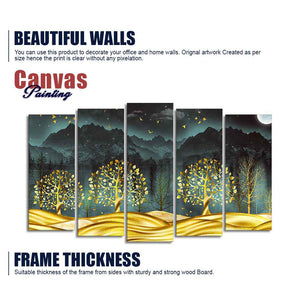 Wall Painting of Golden Trees in Dark Forest of Five Pieces Set