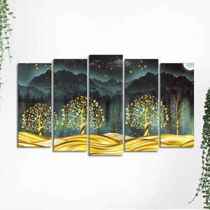 Wall Painting of Golden Trees in Dark Forest of Five Pieces Set