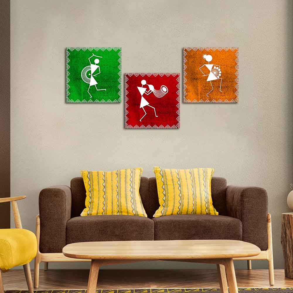 Warli Art Wall Hanging Painting, Set of Three Panels