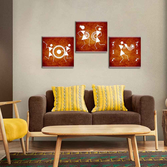 Warli Folk Art Wall Hanging Painting Set of Three