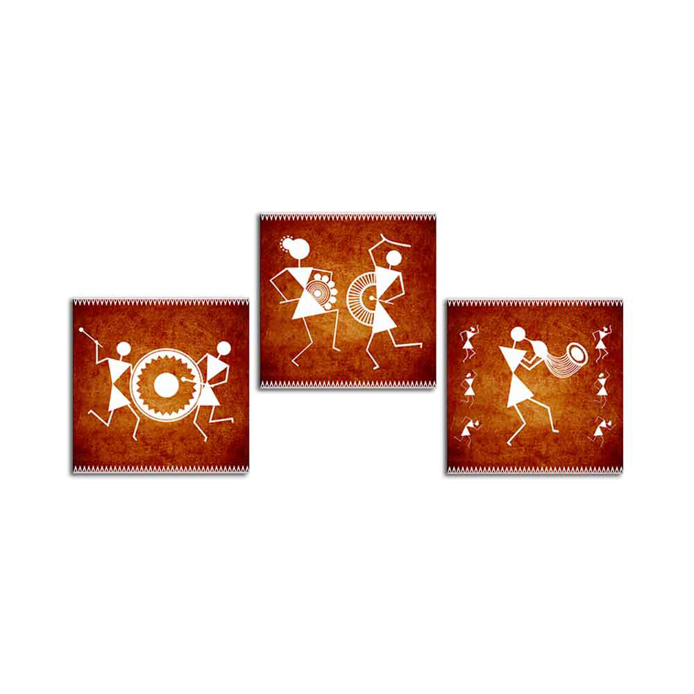 Warli Folk Art Wall Hanging Painting Set of Three