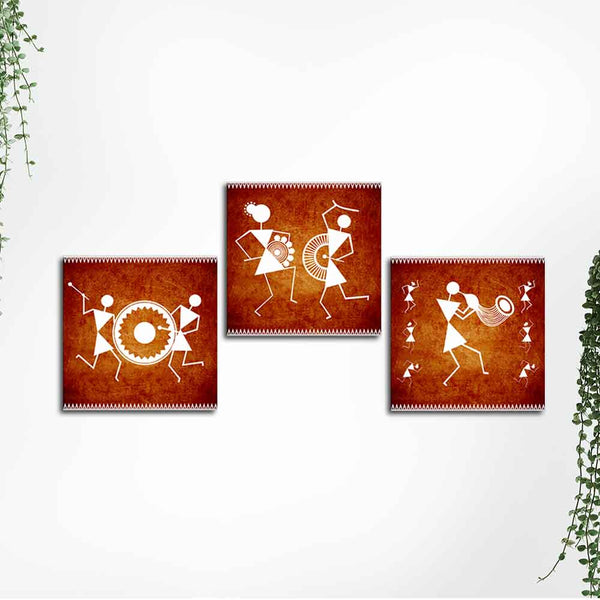 Warli Folk Art Wall Hanging Painting Set of Three