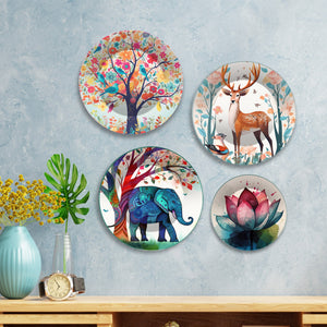 Watercolor Art of Deer and Elephant Wall Plates Painting Set of Four