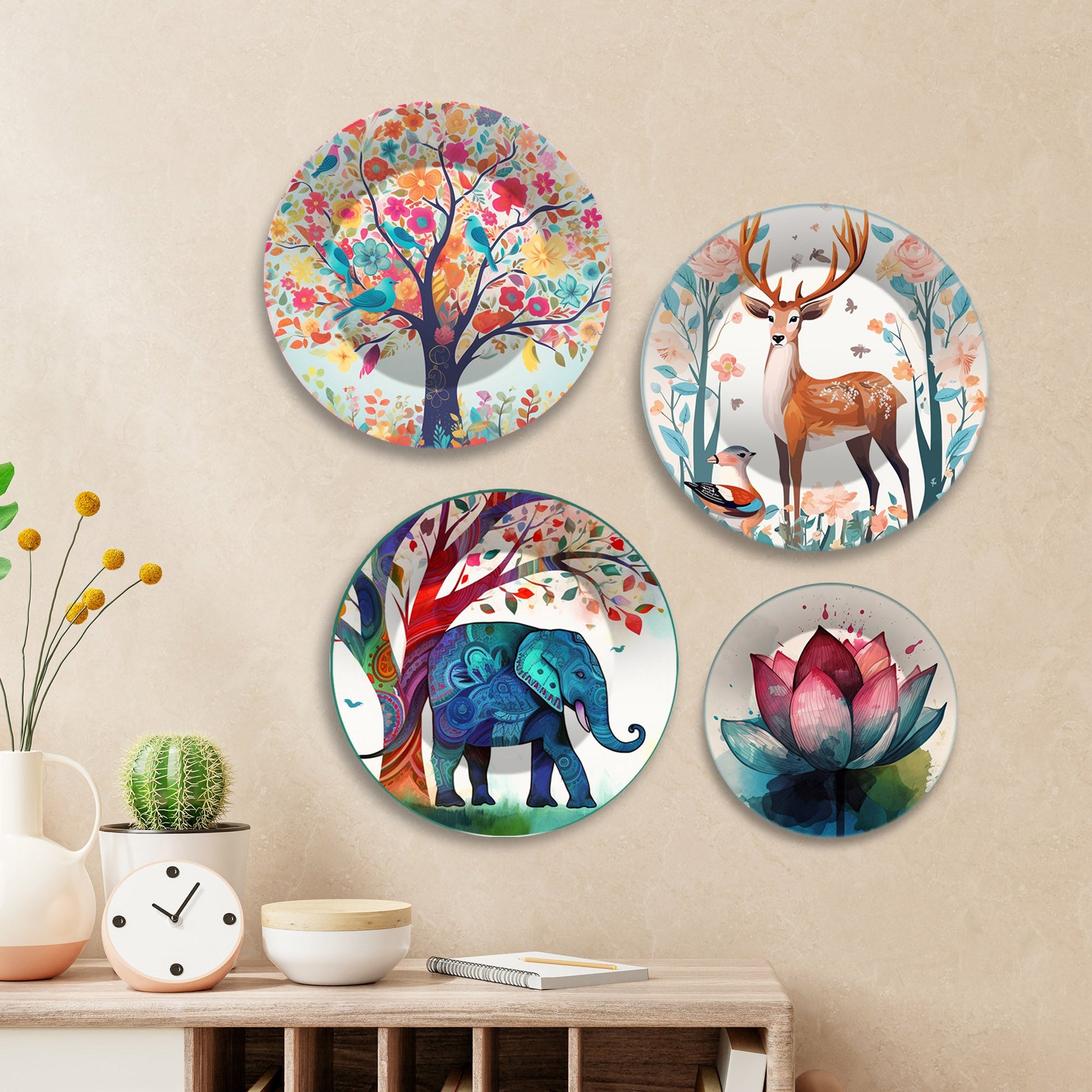 Watercolor Art of Deer and Elephant Wall Plates Painting Set of Four