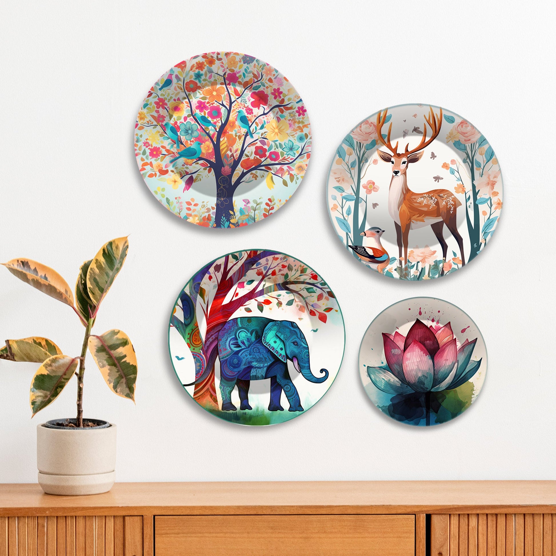 Watercolor Art of Deer and Elephant Wall Plates Painting Set of Four