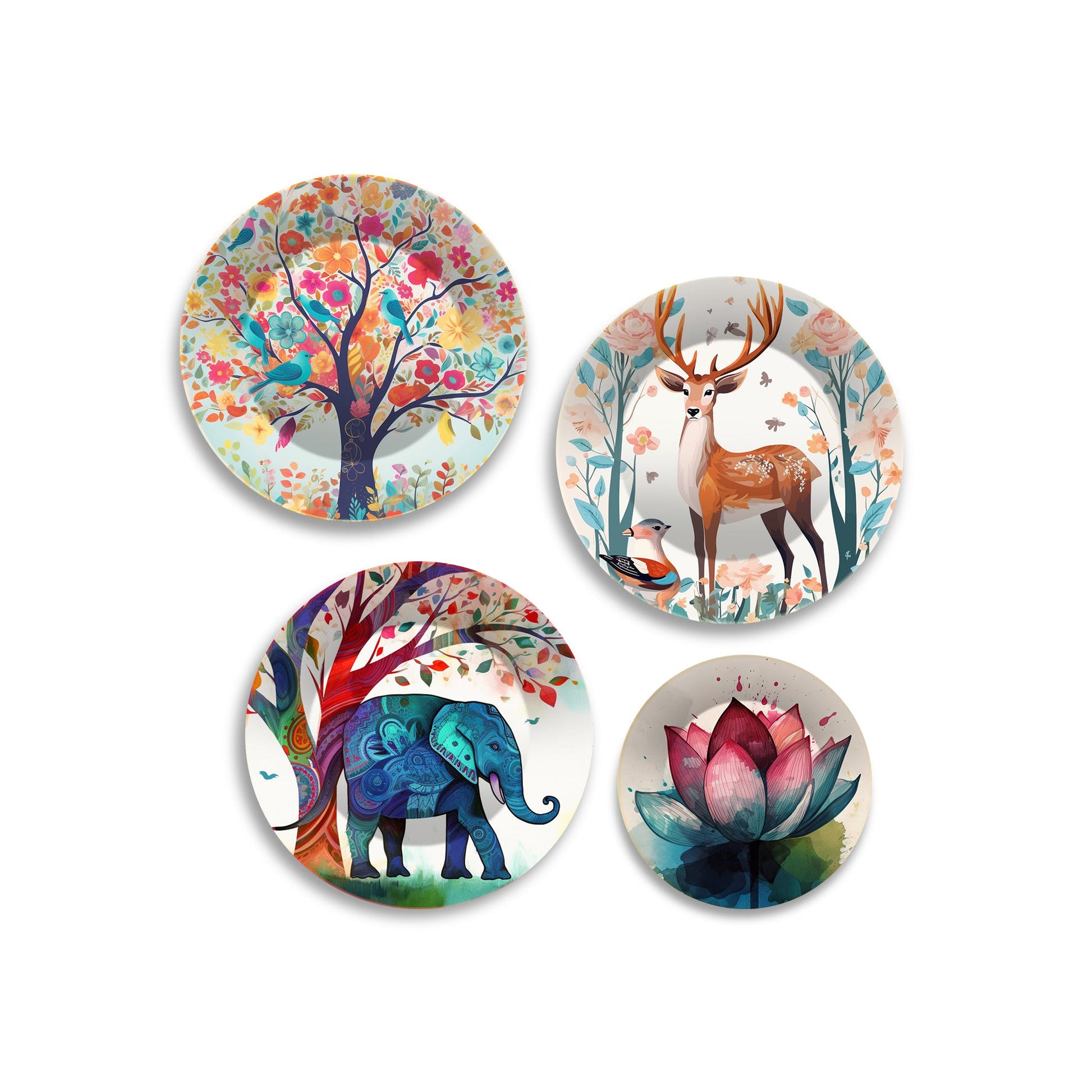 Watercolor Art of Deer and Elephant Wall Plates Painting Set of Four