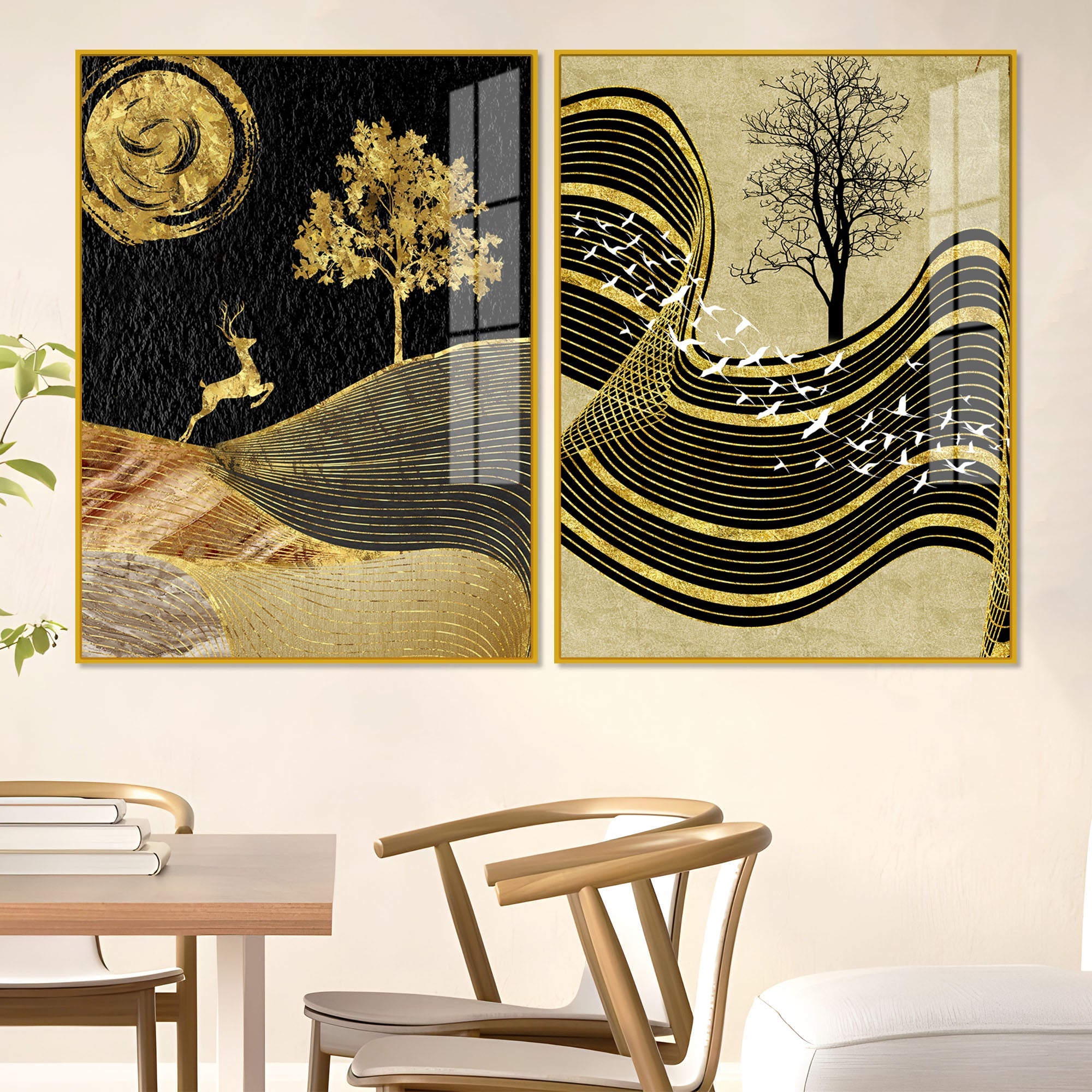 Wavy Golden Lines Mountains Premium Acrylic Floating Wall Painting Set Of 2