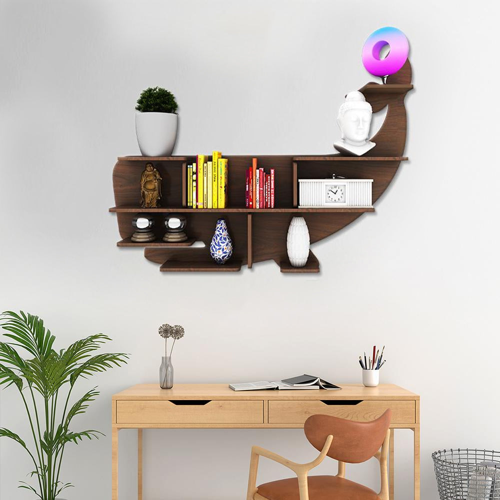 Whale Backlit Designer Wooden Wall Shelf / Book Shelf / Night Light, Walnut Finish