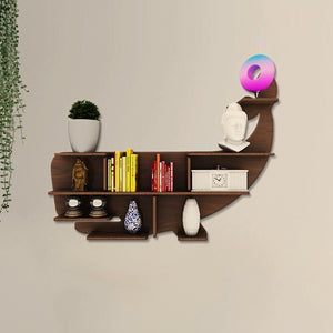 Whale Backlit Designer Wooden Wall Shelf / Book Shelf / Night Light, Walnut Finish