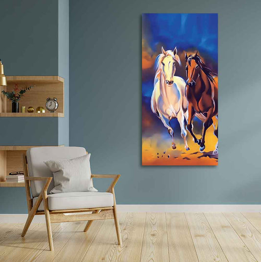 White & Brown Horse Running Canvas Wall Hanging Painting