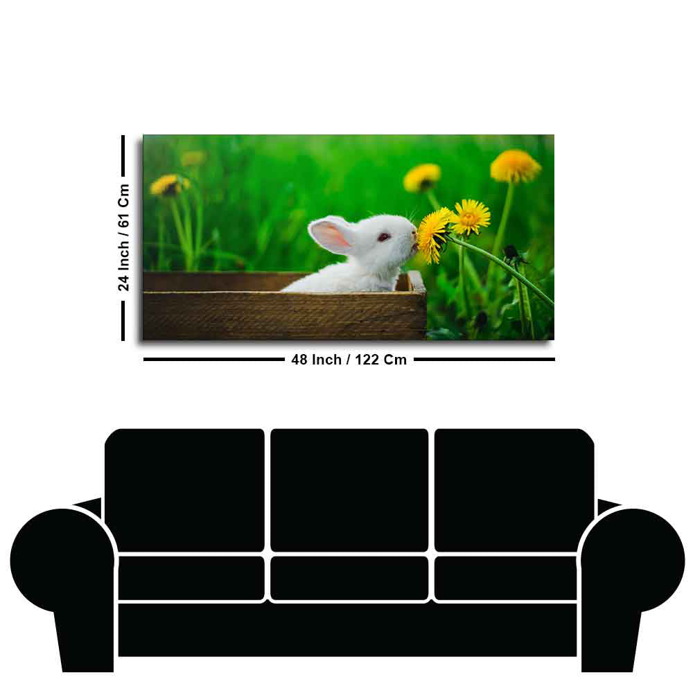 White Bunny in Yellow Flowers Garden Canvas Wall Painting