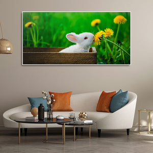 White Bunny in Yellow Flowers Garden Canvas Wall Painting