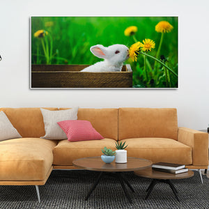 White Bunny in Yellow Flowers Garden Canvas Wall Painting