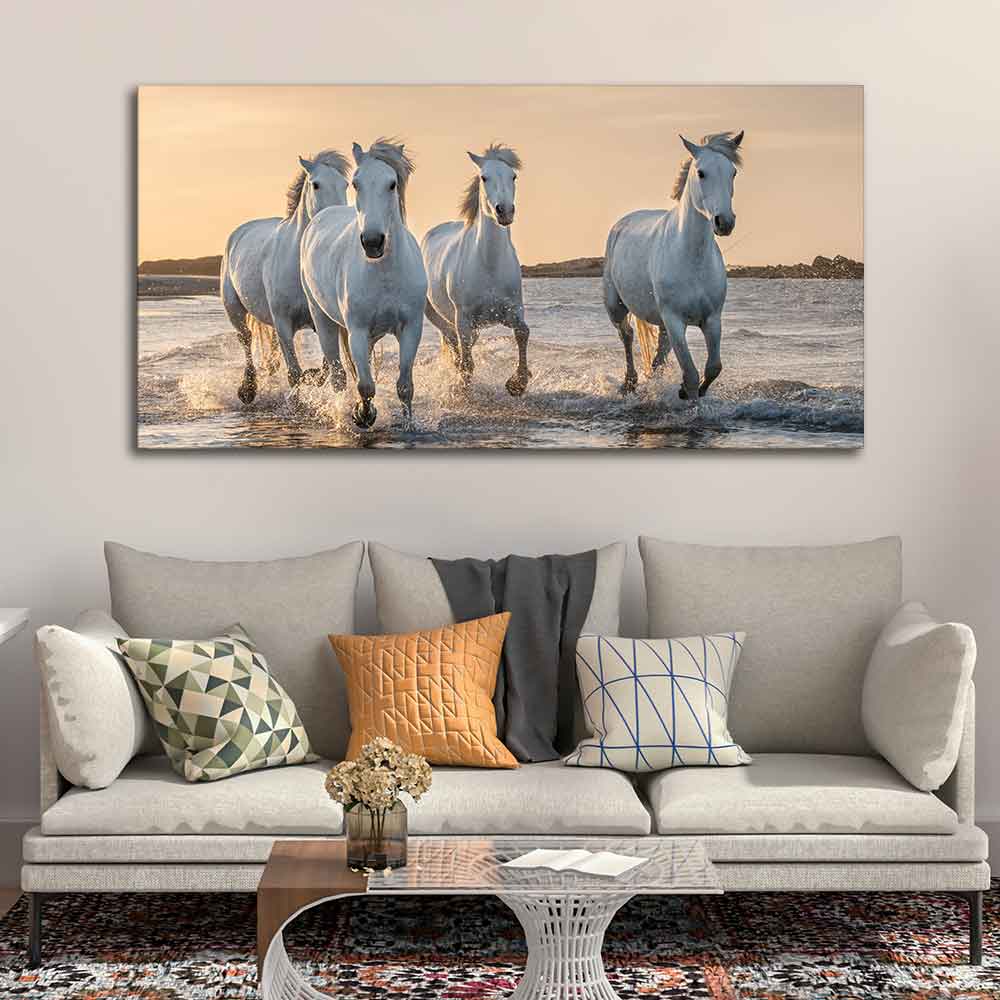 White Horses Galoping in Water Premium Wall Painting