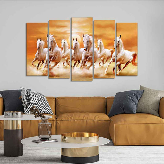 White Running Seven Horses 5 Pieces Premium Wall Painting