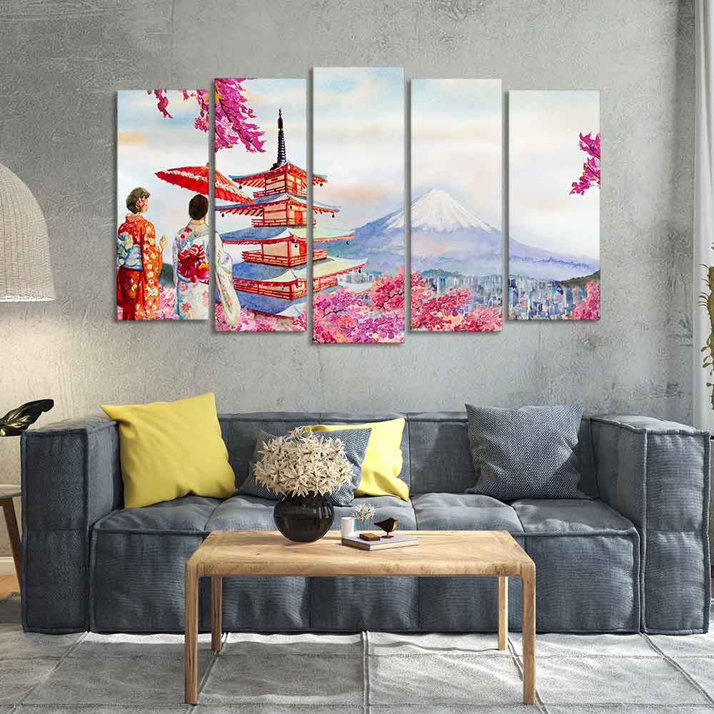 Women in Kimono Canvas Wall Painting Set of Five