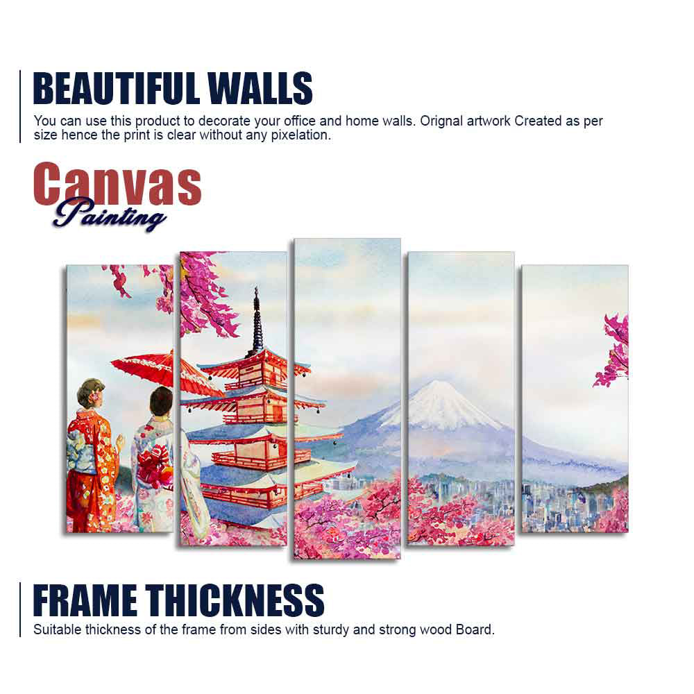 Women in Kimono Canvas Wall Painting Set of Five