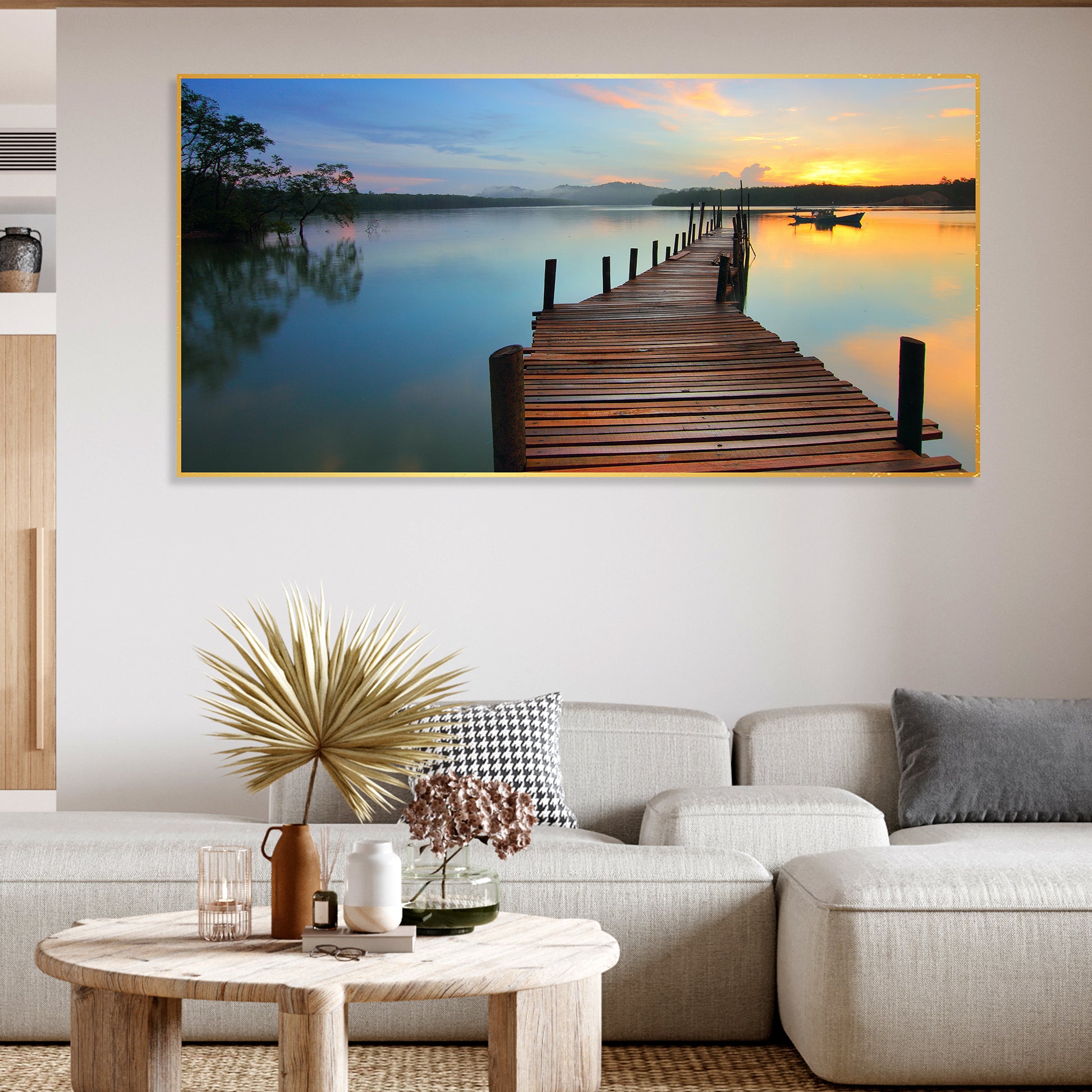 Wooden Jetty Lake in Sunset Floating Wall Painting