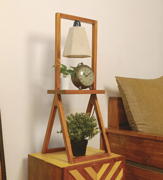 Wooden Shelf Table Lamp with Jute Shade & Brown Base Lampshade