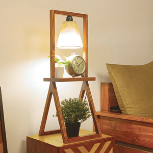 Wooden Shelf Table Lamp with Jute Shade & Brown Base Lampshade