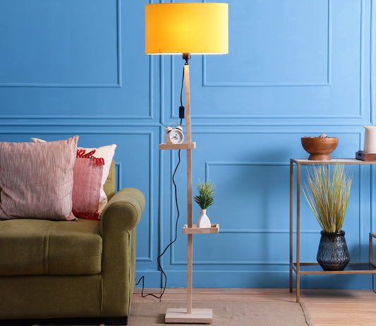 Yellow Fabric Double Shelf Floor Lamp with Natural Solid Wood Color Base