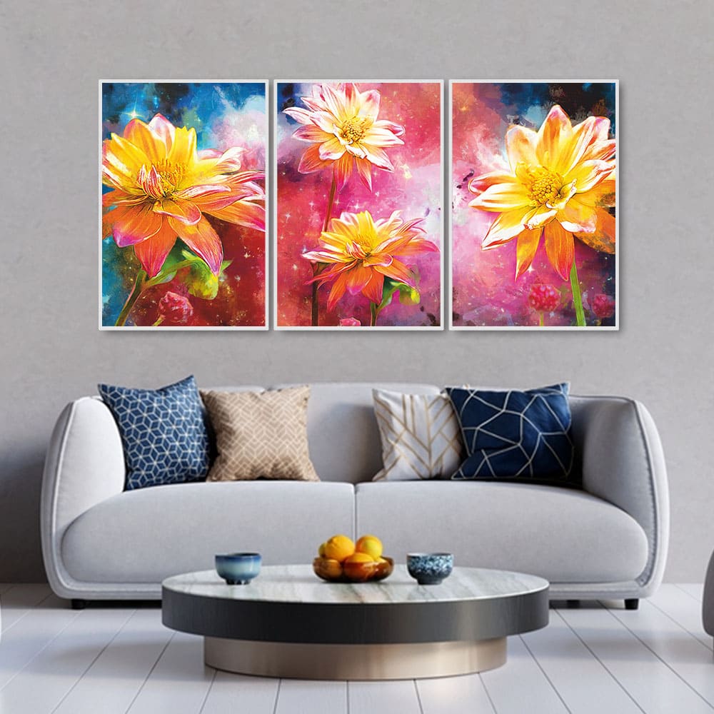 Yellow Flower Art Floating Canvas Wall Painting Set of Three